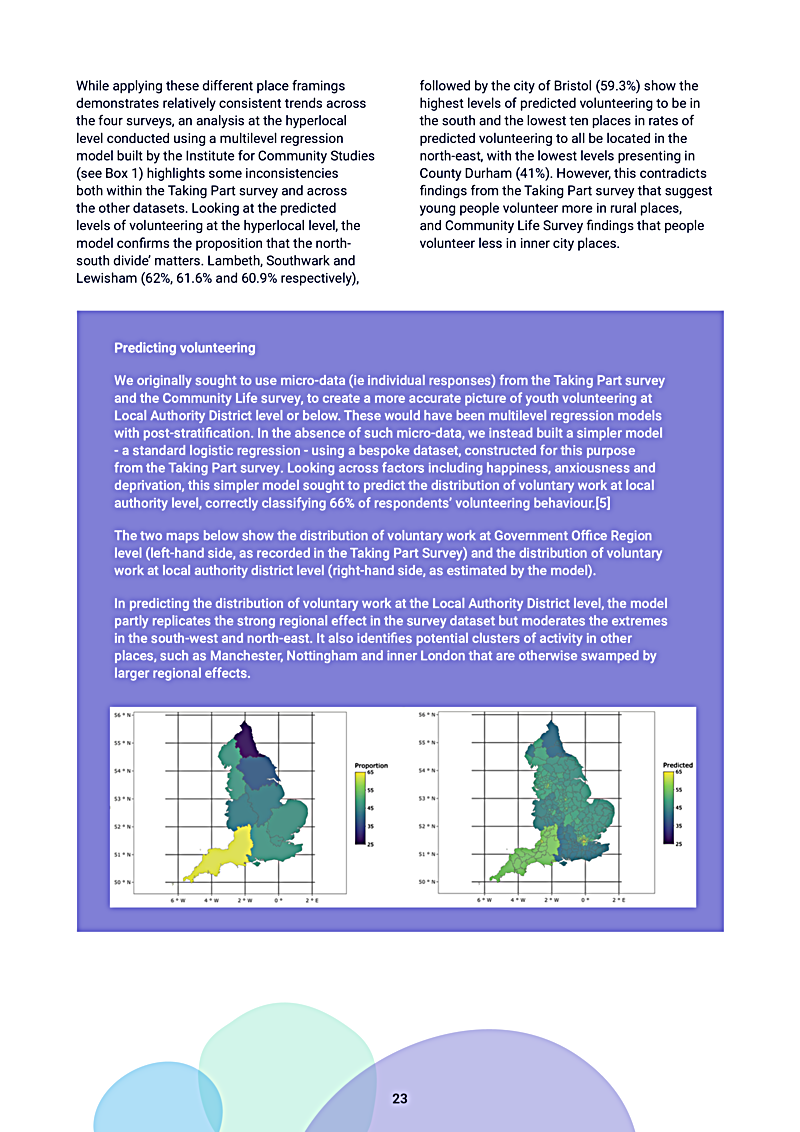 While applying these different place framings demonstrates relatively consistent trends across the four surveys, an analysis at the hyperlocal level conducted using a multilevel regression model built by the Institute for Community Studies (see Box 1) highlights some inconsistencies both within the Taking Part survey and across the other datasets. Looking at the predicted levels of volunteering at the hyperlocal level, the model confirms the proposition that the northsouth divide matters. Lambeth, Southwark and Lewisham (62%, 61.6% and 60.9% respectively),