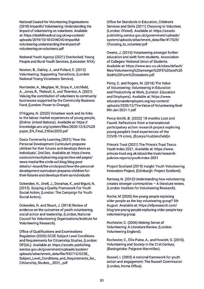National Council for Volunteering Organisations (2018) Impactful Volunteering: Understanding the impact of volunteering on volunteers. Available at: https://dunhillmedical.org.uk/wp-content/ uploads/2019/10/18-03-NCVO-Impactfulvolunteering-understanding-the-impact-ofvolunteering-on-volunteers.pdf