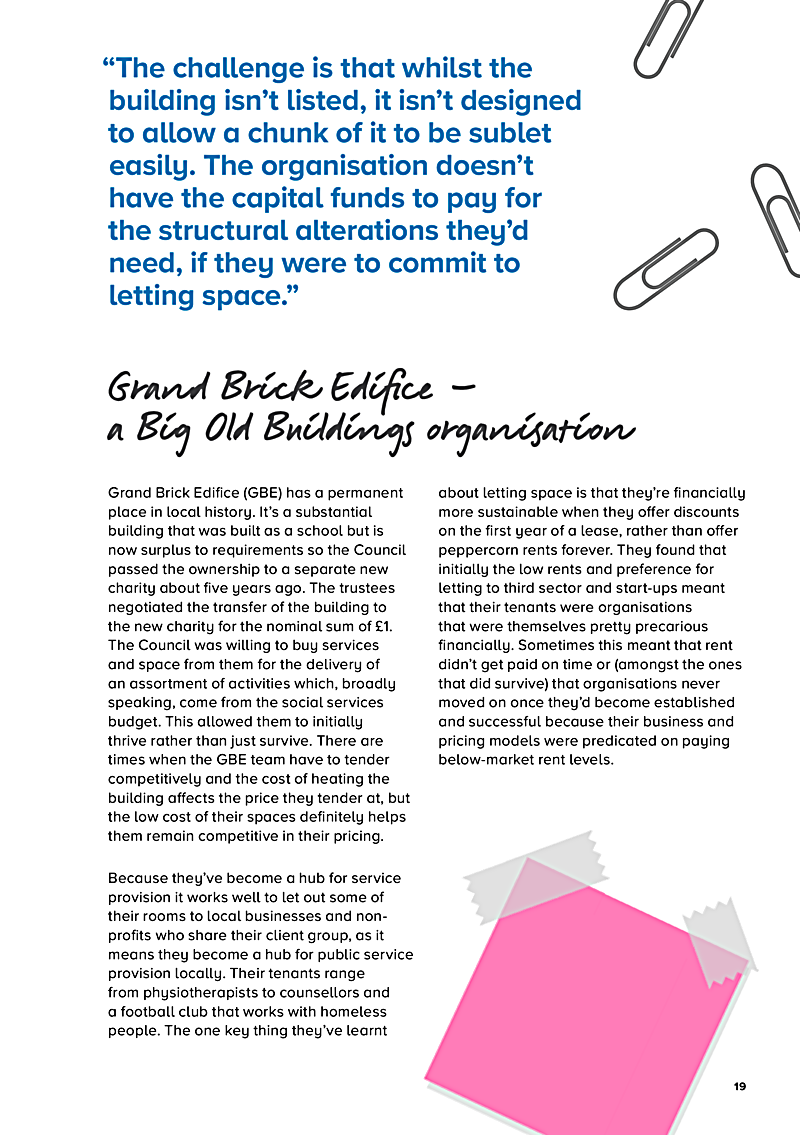 "The challenge is that whilst the building isnt listed, it isnt designed to allow a chunk of it to be sublet easily. The organisation doesnt have the capital funds to pay for the structural alterations theyd need, if they were to commit to letting space."