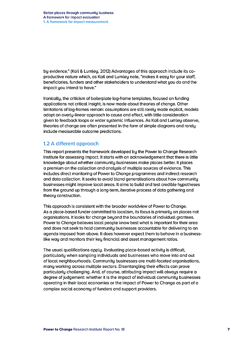 Better places through community business: A framework for impact evaluation 1. A framework for impact measurement