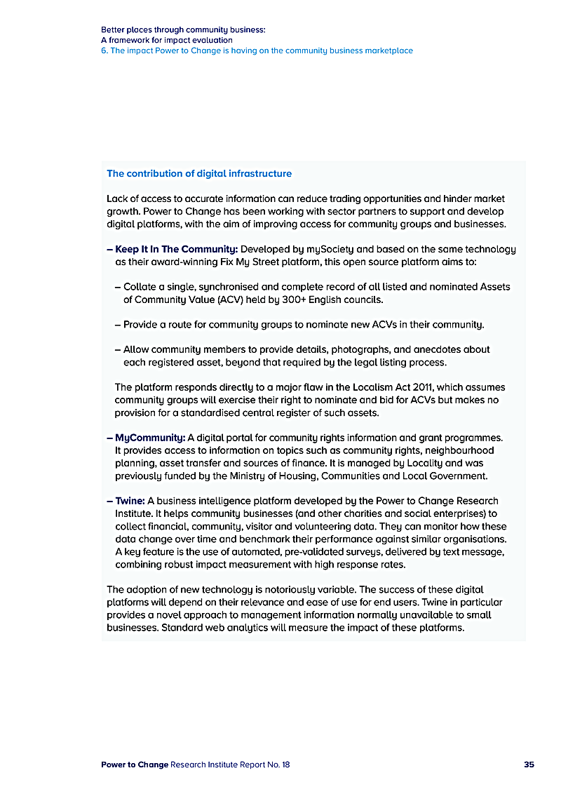 Better places through community business: A framework for impact evaluation 6. The impact Power to Change is having on the community business marketplace