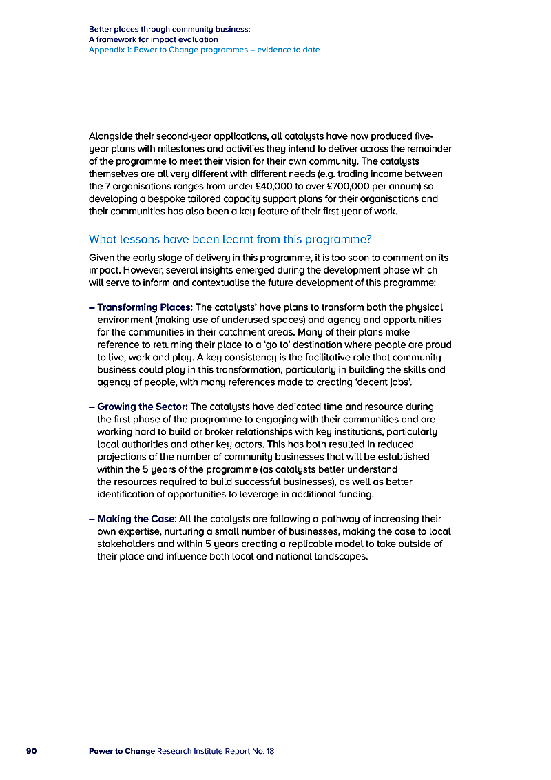 Better places through community business: A framework for impact evaluation Appendix 1: Power to Change programmes evidence to date